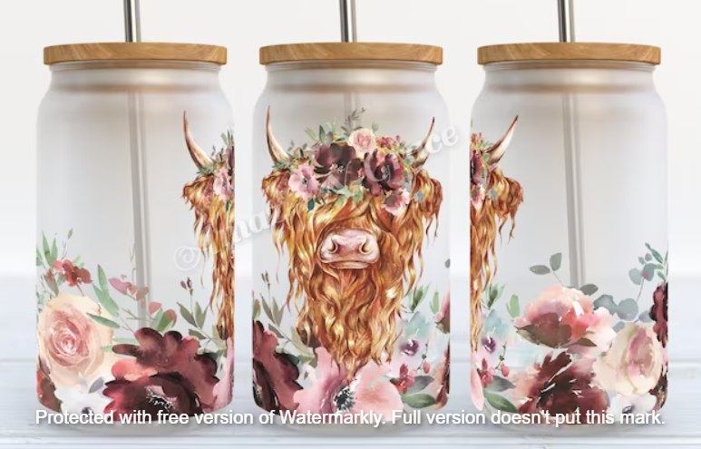 Highland Cow Floral Glass Tumbler