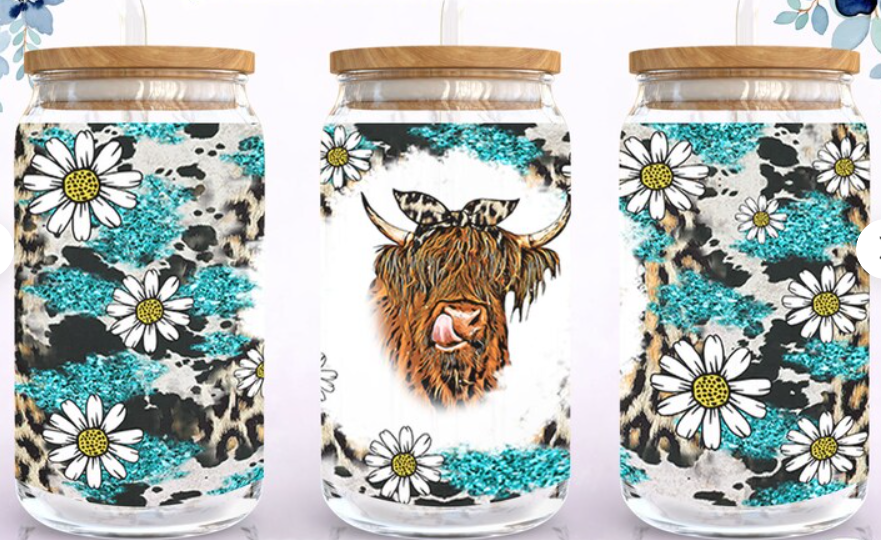 Highland Daisy/Leopard Glass Tumbler